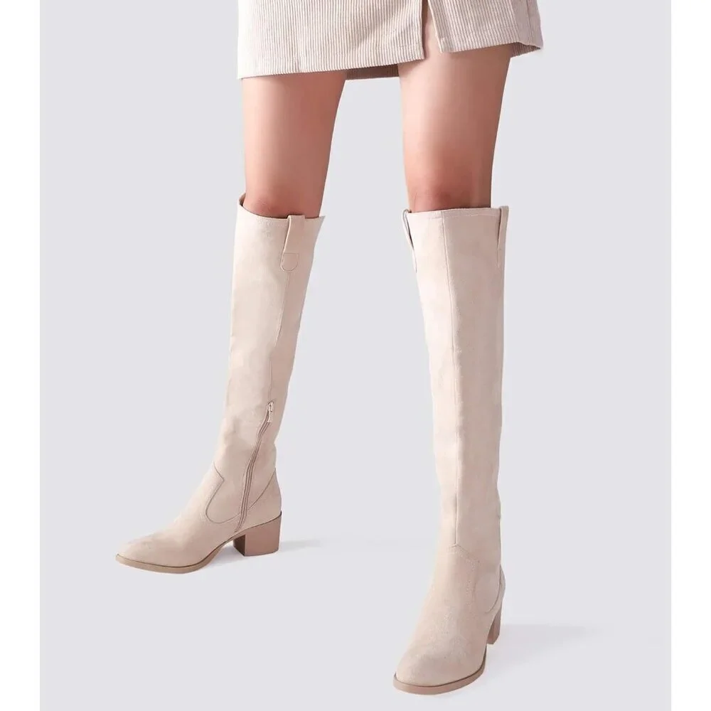 🆕Women's Beige Faux Suede Over The Knee Thigh High Chunky Heel Pointed Toe Boot